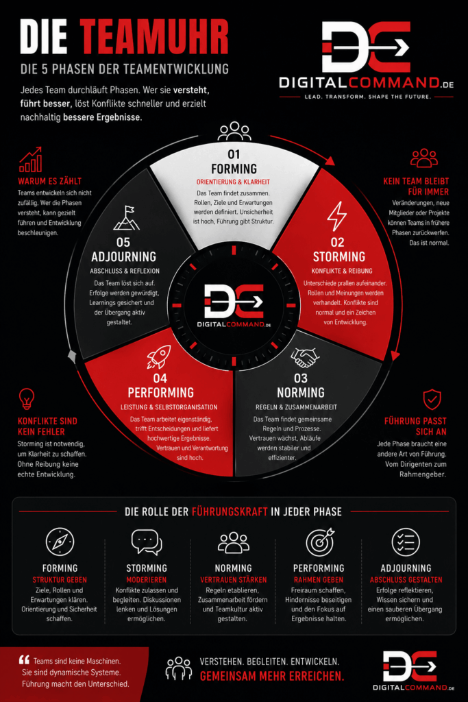 Infografik - Die 5 Phasen der Teamuhr - Die Teamuhr von Tuckman erklärt Die 5 Phasen der Teamentwicklung einfach verstehen