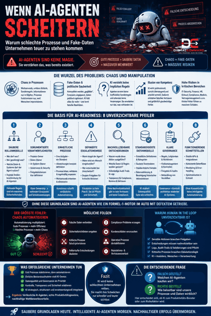 Infografik - Wenn AI-Agenten scheitern Warum schlechte Prozesse und Fake-Daten Unternehmen teuer zu stehen kommen